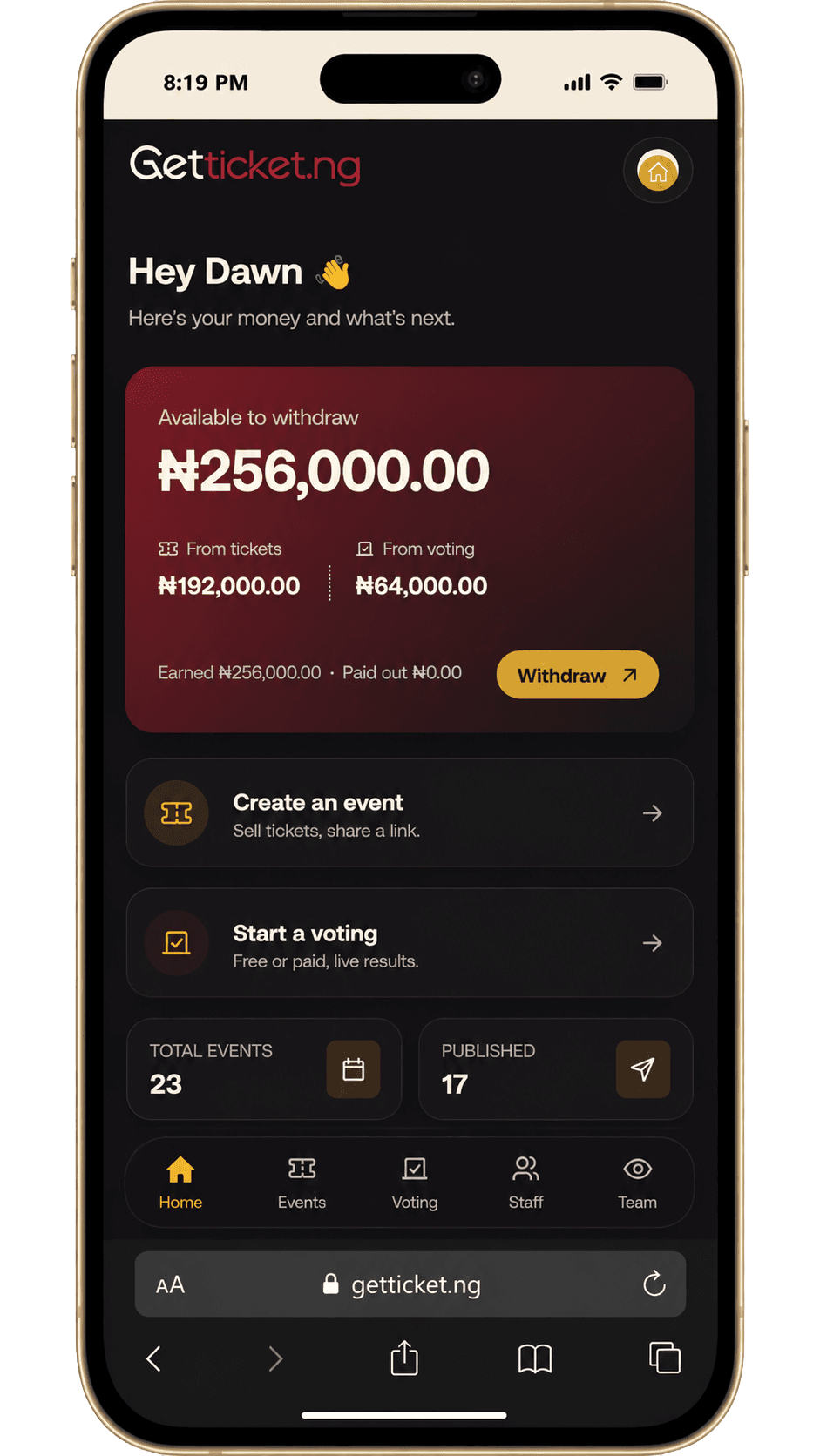 The getticket.ng organizer dashboard